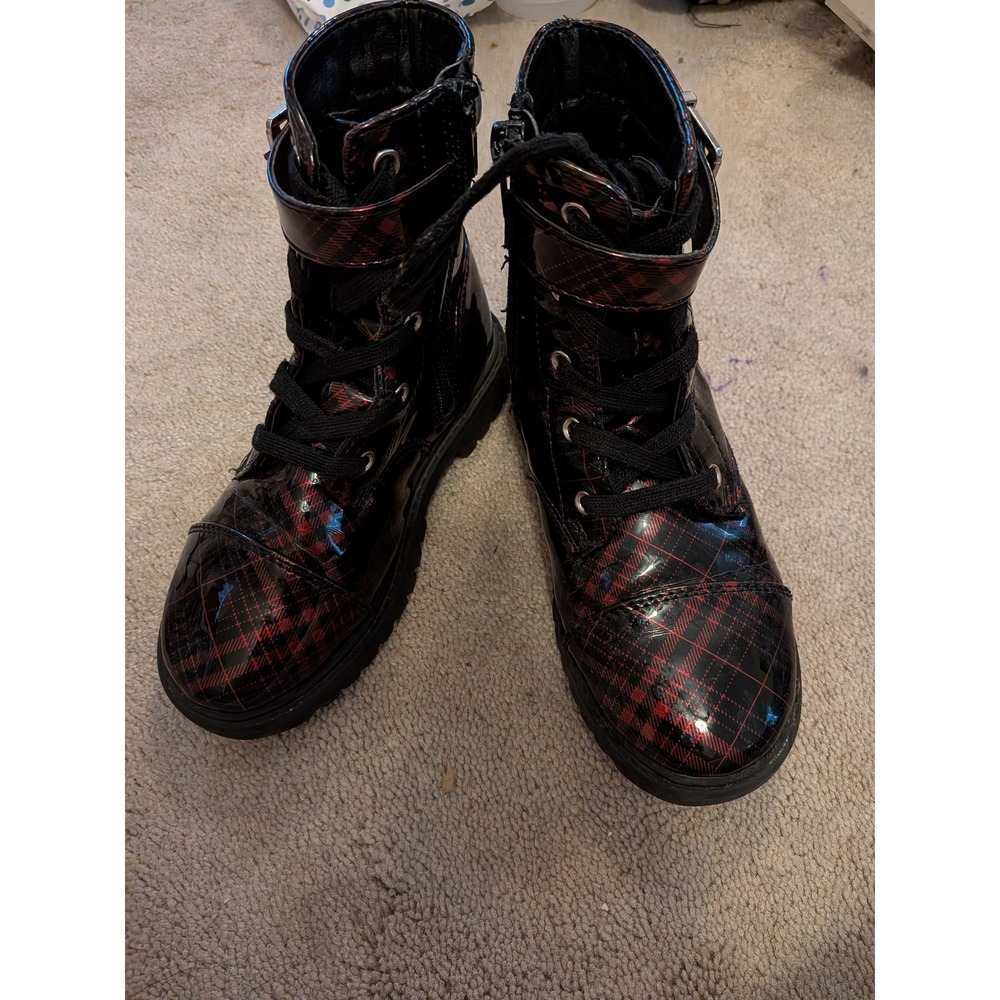 Jessica Simpson Kids Red Black Plaid Patent Combat Boots  Size 11